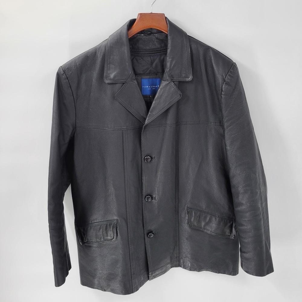 Towncraft Mens Leather Coat Large Black Removeable Quilt Lined Front Flap Pocket